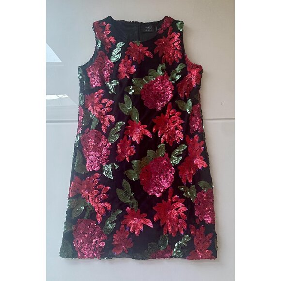 Short Floral Dress with Sequins, Size S/M, Black Dress with Red Flowers - Picture 3 of 8
